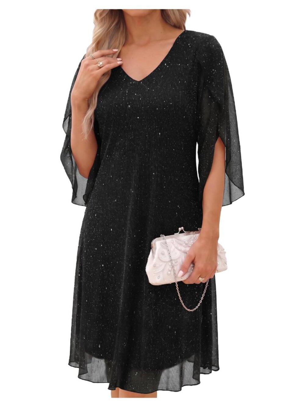 Sequin Cocktail Dress V-Neck 3/4 Sleeve A-Line Formal Party Gown